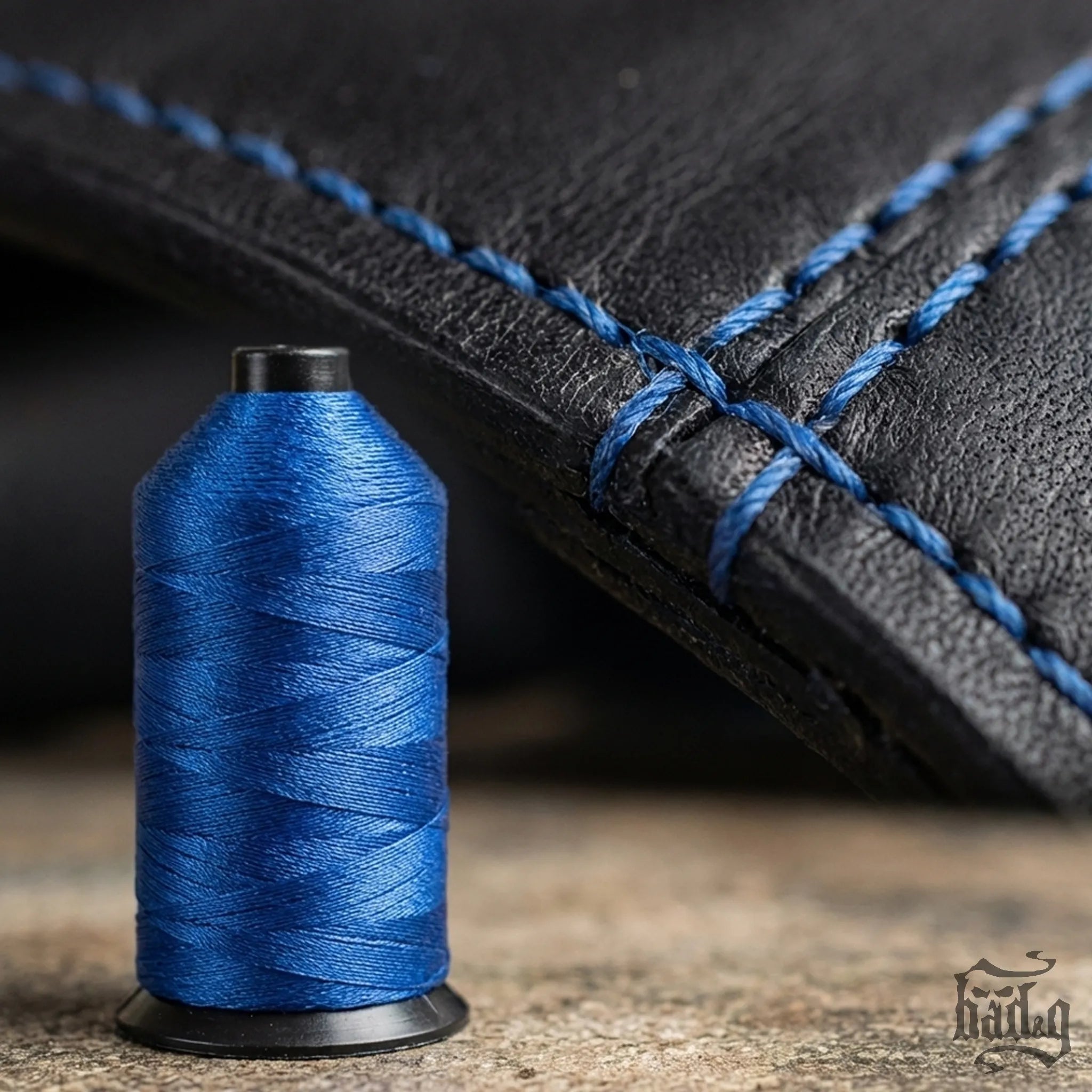 Spool of blue thread next to a black leather product with blue stitching