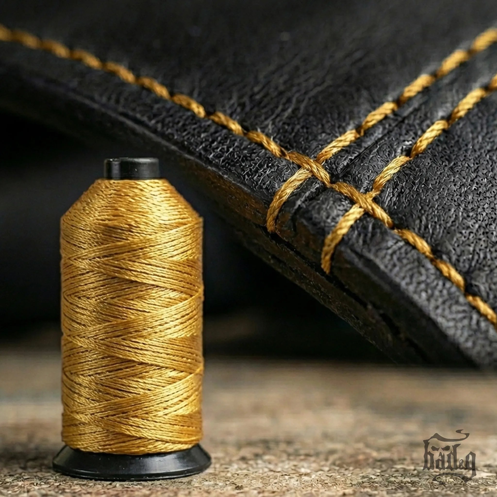 Spool of gold thread next to a piece of black leather with gold stitching.