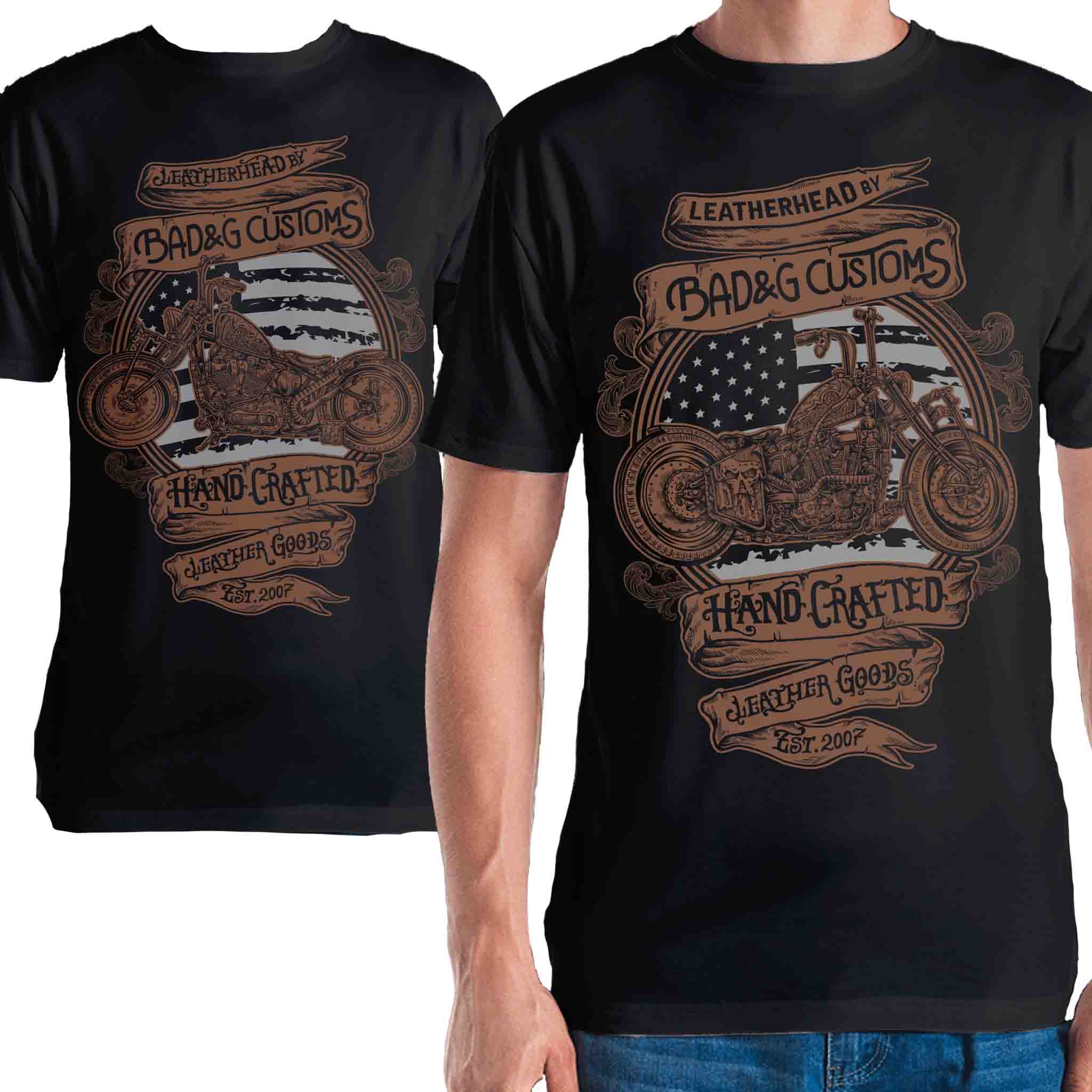 Introducing the Leatherhead Shirt – a must-have for any motorcycle enthusiast. Crafted from heavy, 100% cotton, this black Gildan t-shirt delivers a vintage look and feel. Featuring a full artwork of our famous custom built bike imprint on both the front and back, this shirt combines rugged style with ultimate comfort.