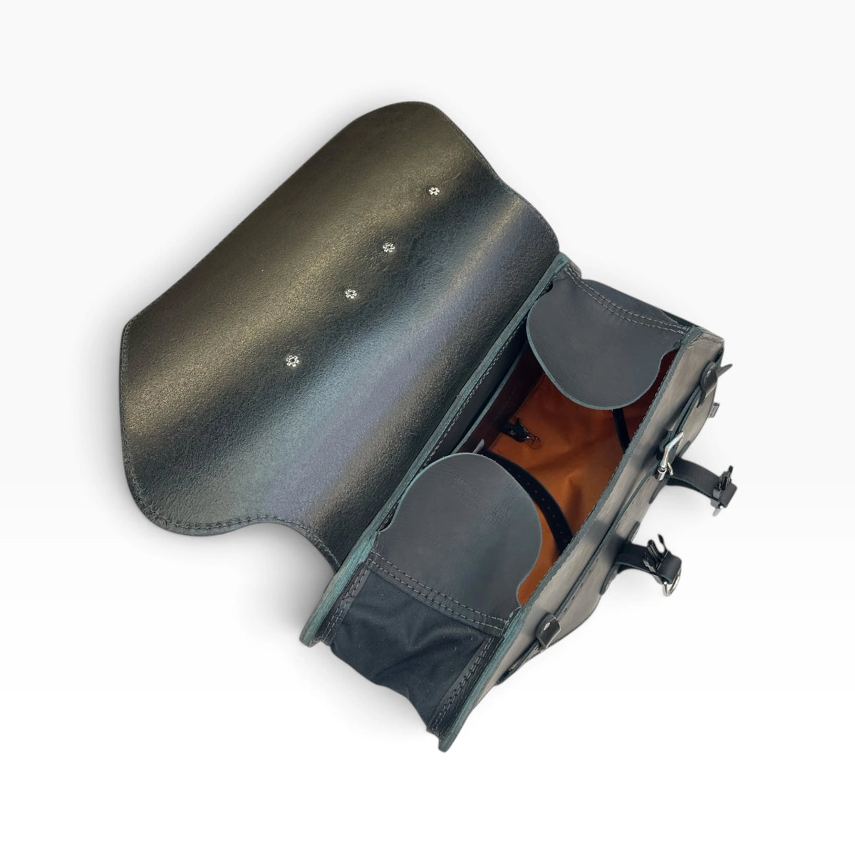 Black leather saddle bag with adjustable buckle straps and silver metal hardware, shown on a clean white background.