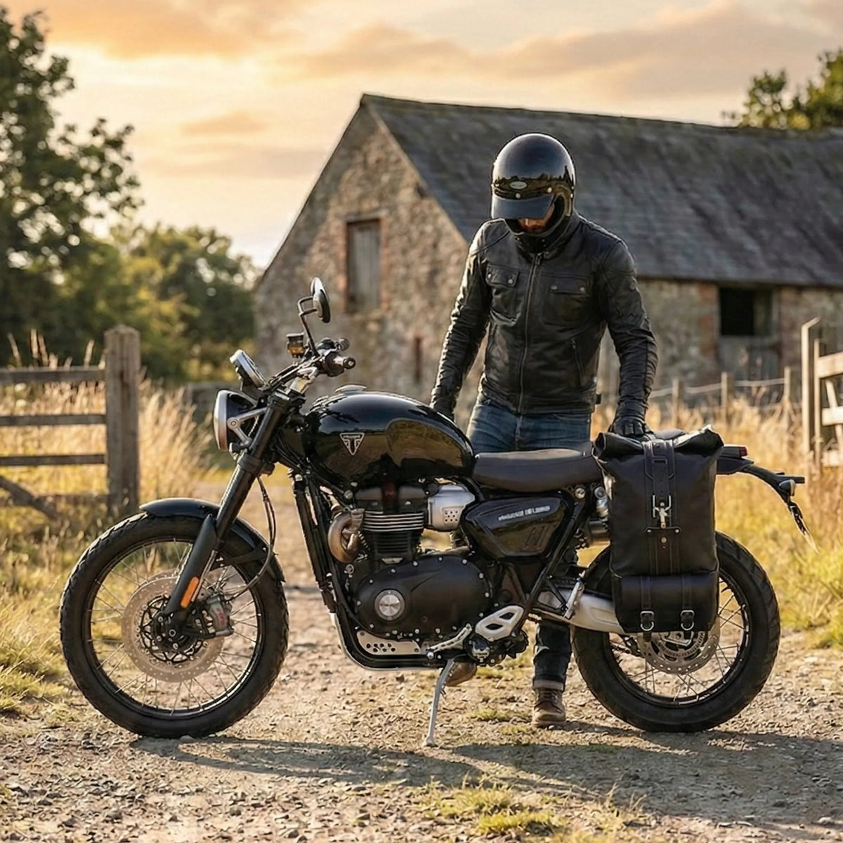 A black adventure motorcycle with a black leather and waxed canvas saddlebag is parked on a dirt road in front of a stone barn, with a person in a black helmet and leather jacket standing beside it.