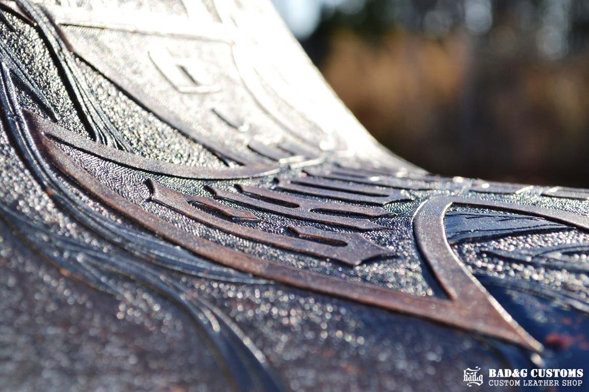 "Big Dog Choppers" logo design hand tooled and braided. Antiqued Blue Veg tan leather with kangaroo lace. West Coast Choppers for Life!
