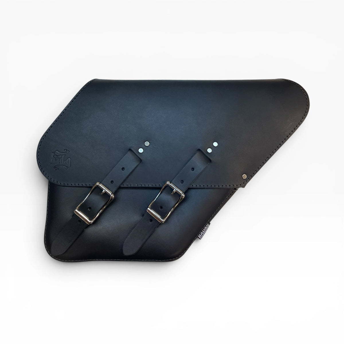 A black leather saddle bag with two adjustable buckle straps, shown on a clean white background.