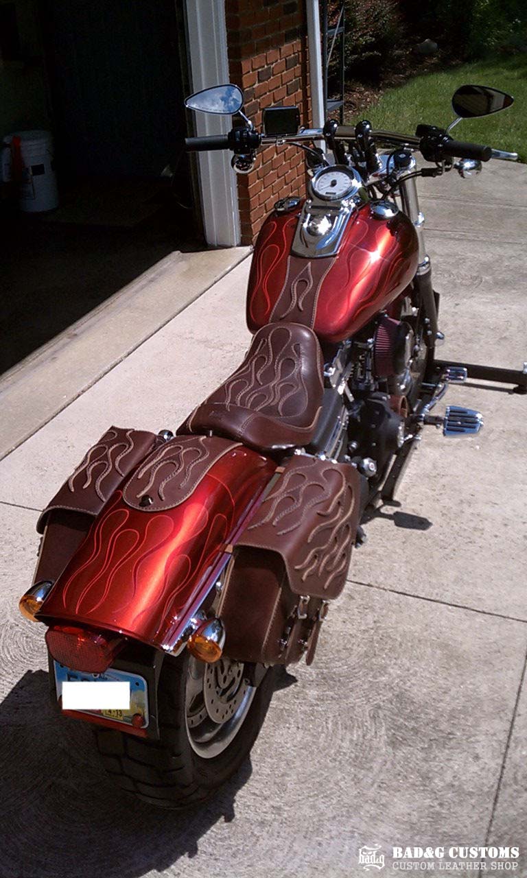 Custom Leather Flame Seat & Saddlebags Set | Harley-Davidson Dyna
