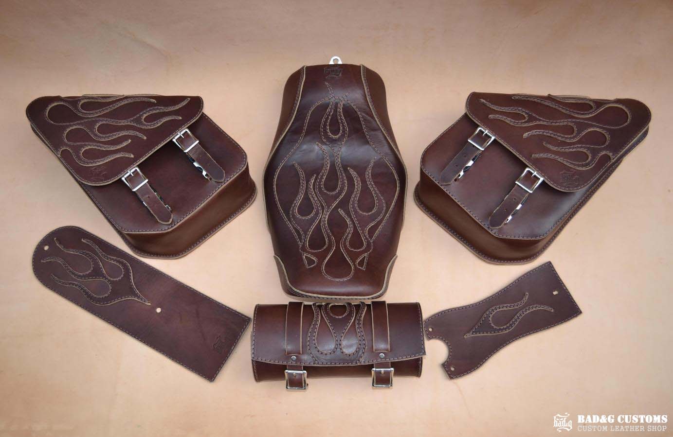 Custom Leather Flame Seat & Saddlebags Set | Harley-Davidson Dyna