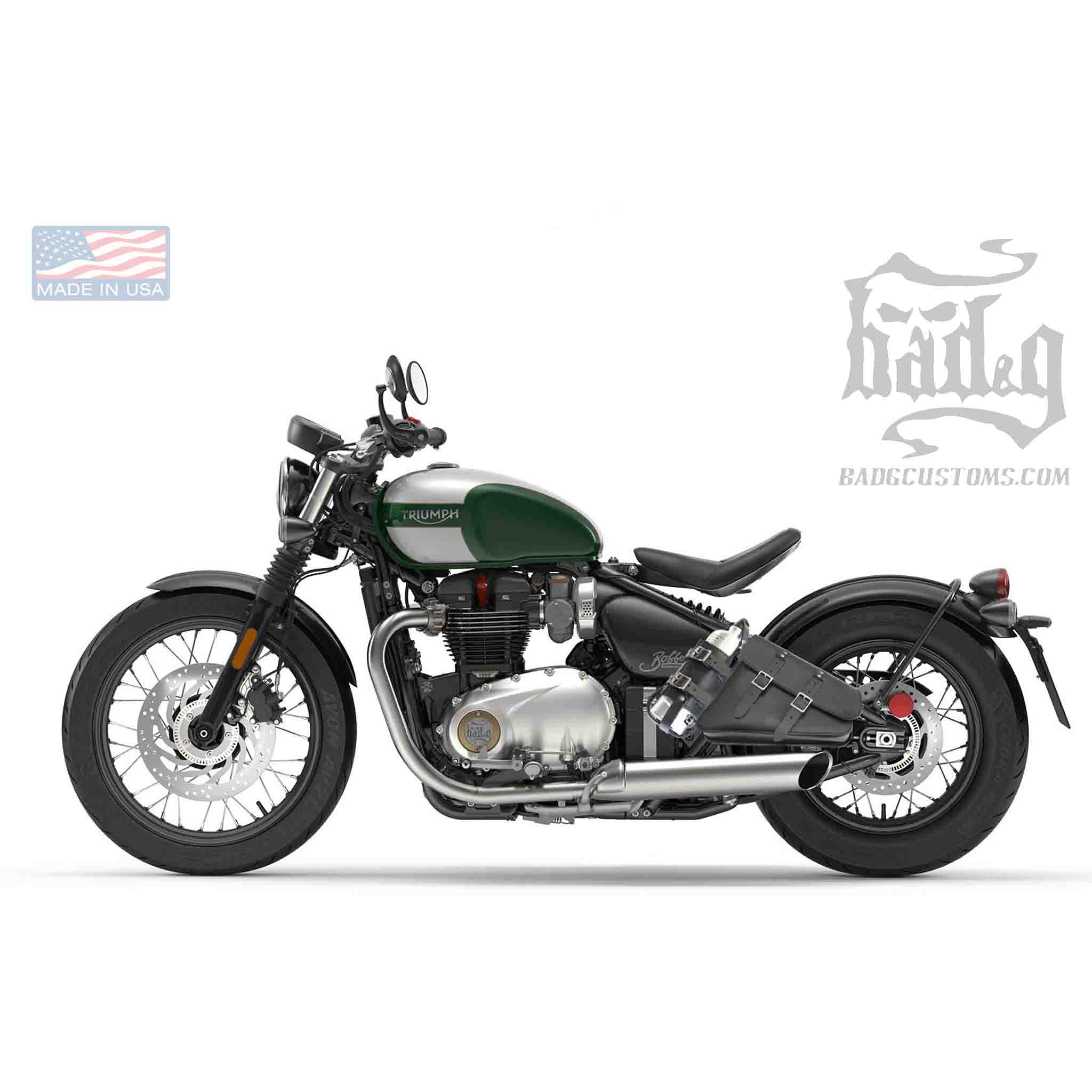 Upgrade your Triumph Bobber or Speedmaster with the TBL01FB Left Side Solo Bag with Reserve Fuel Bottle Carrier. Hand crafted in USA with premium leather and top quality hardware. Durable and stylish, it's the perfect fit for your motorcycle.