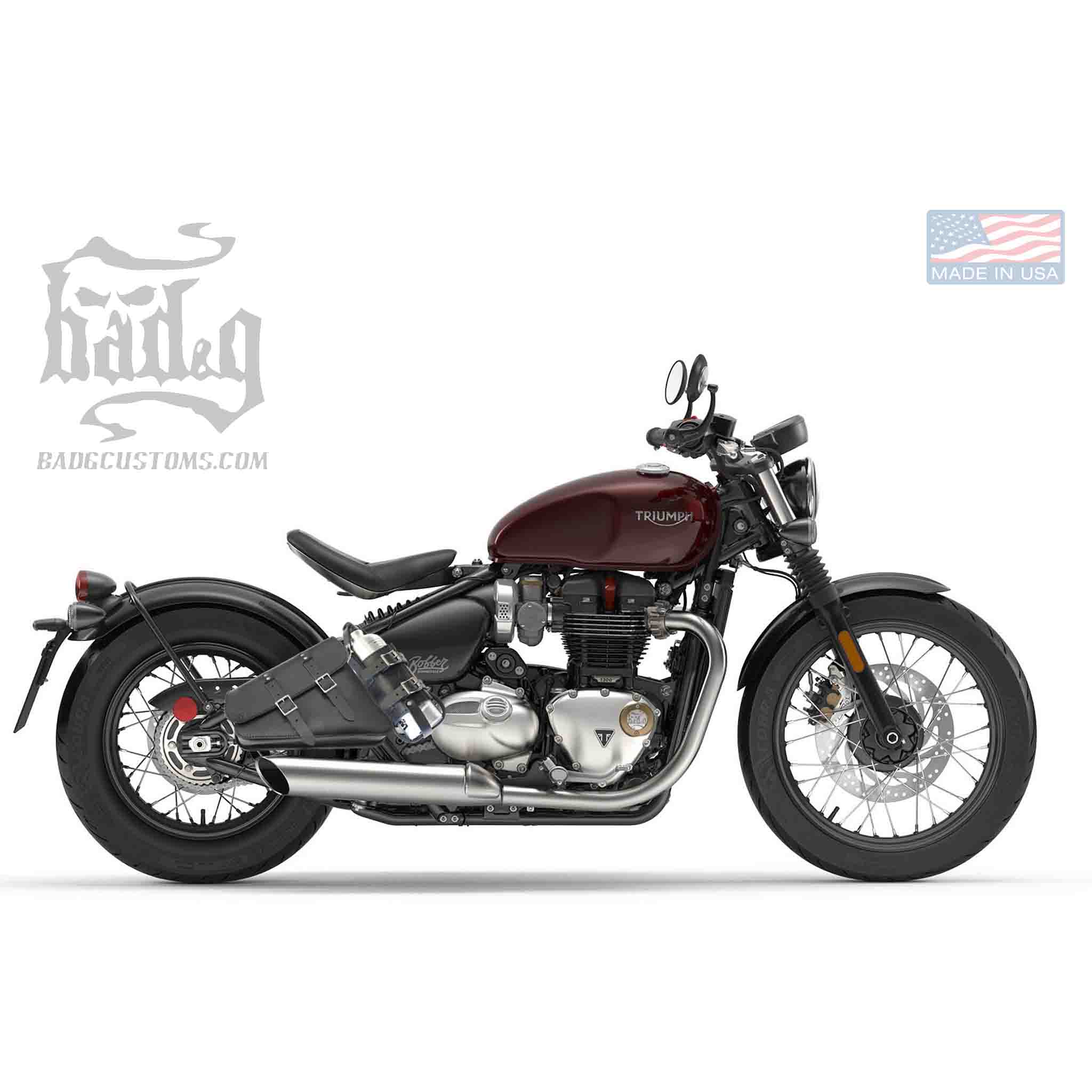 Upgrade your Triumph Bobber or Speedmaster with the TBR01FB Right Side Solo Bag with Reserve Fuel Bottle Carrier. Hand crafted in USA with premium leather and top quality hardware. Durable and stylish, it's the perfect fit for your motorcycle.