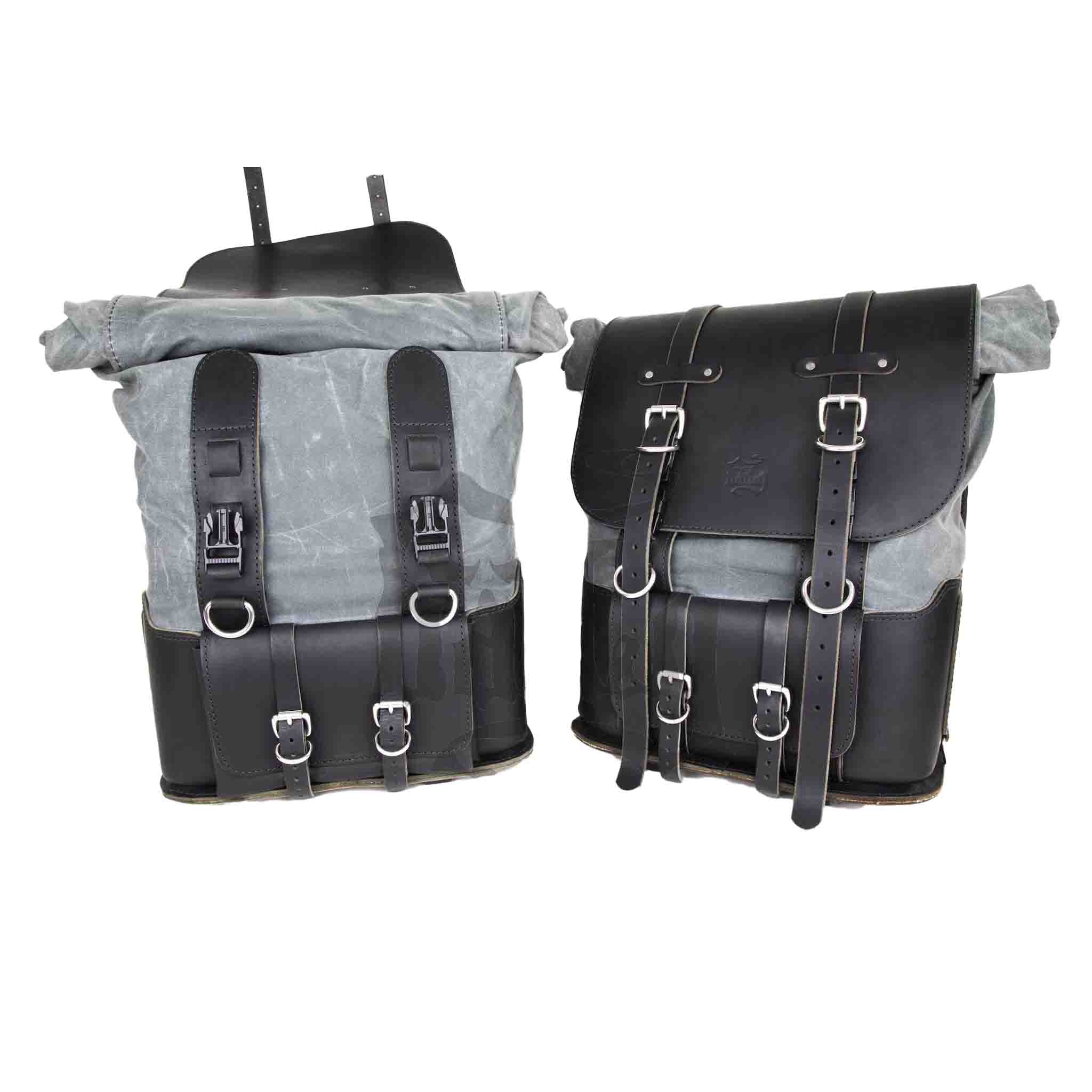 Upgrade your ride with the URB10 Rolltop Saddlebags. Unique design enables quick conversion from saddlebag to backpack. Hand crafted in USA with premium veg tan water buffalo leather, waxed canvas and stainless steel hardware. Durable and stylish, they are the perfect fit for your motorcycle.