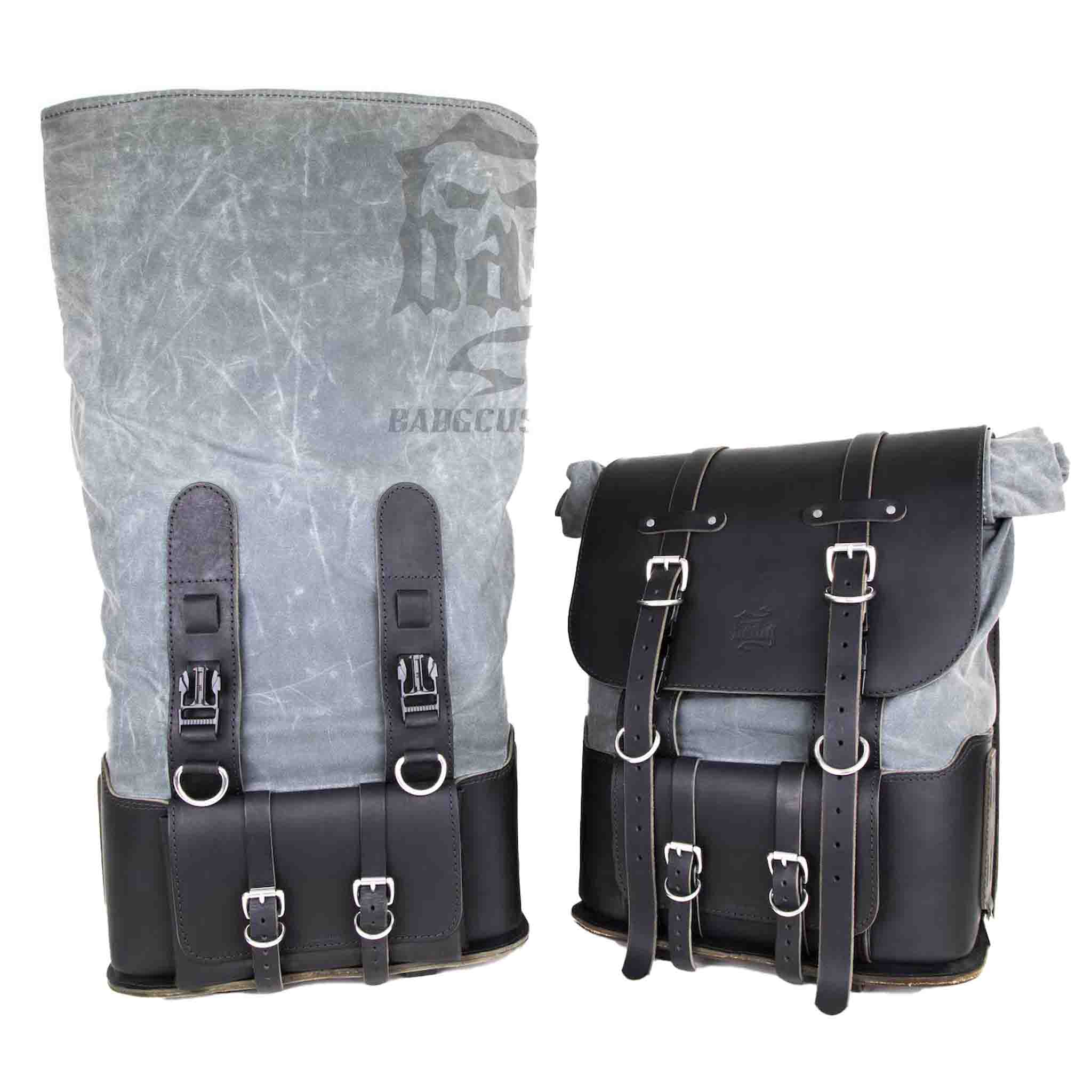 Upgrade your ride with the URB10 Rolltop Saddlebags. Unique design enables quick conversion from saddlebag to backpack. Hand crafted in USA with premium veg tan water buffalo leather, waxed canvas and stainless steel hardware. Durable and stylish, they are the perfect fit for your motorcycle.
